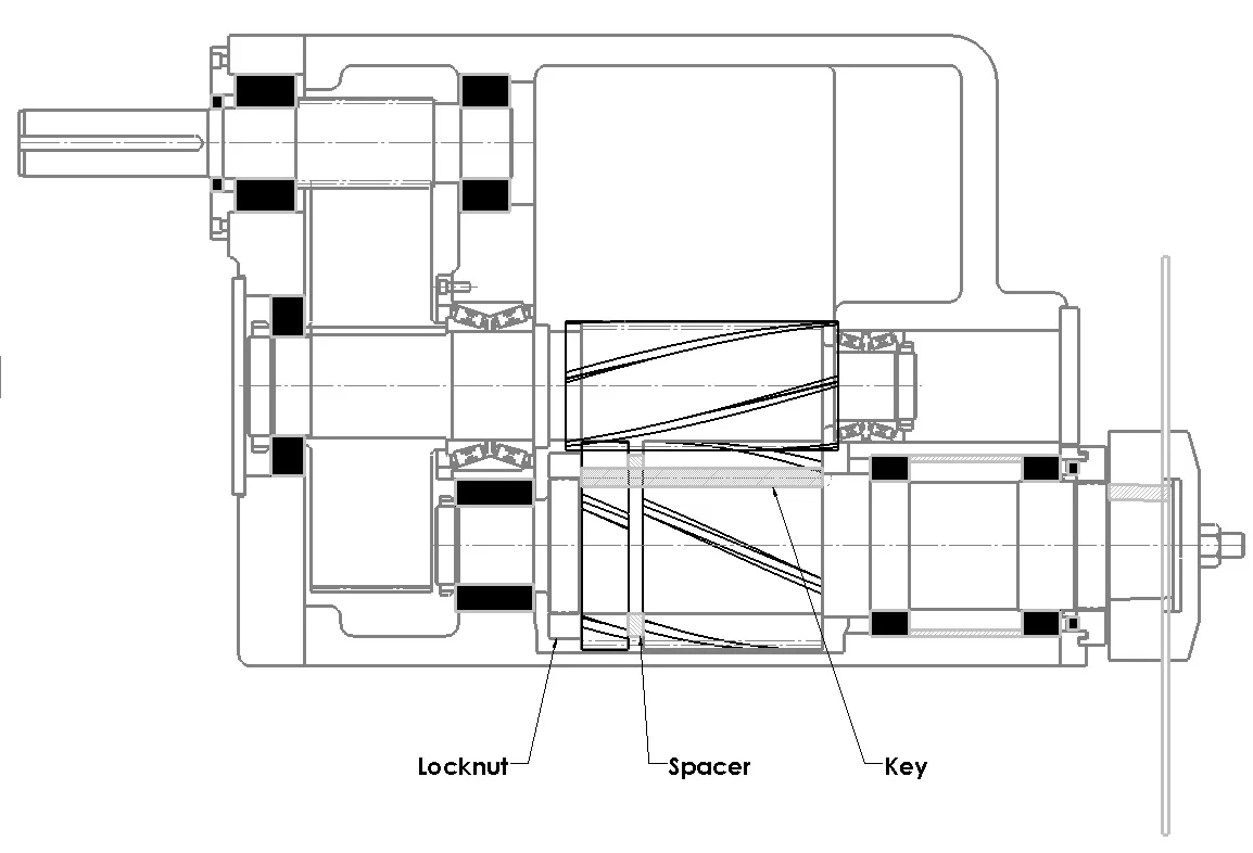 Fig 1 - Backlash elimination by spreading the spindle gear with a spacer (Used on the first Metalcut 12 carbide saw).