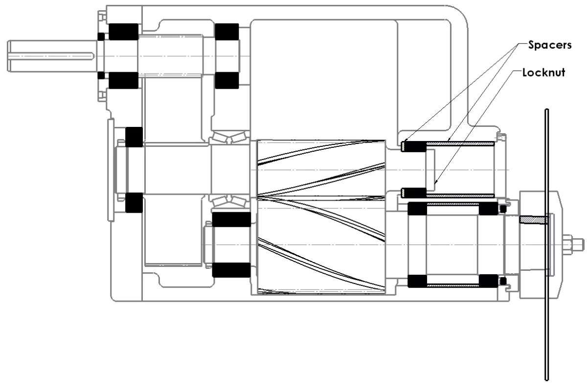 Fig 2 - Backlash elimination by shifting the pinion with slightly tapered helical teeth against the tapered helical teeth of the spindle gear. (Used on the Metalcut 14).