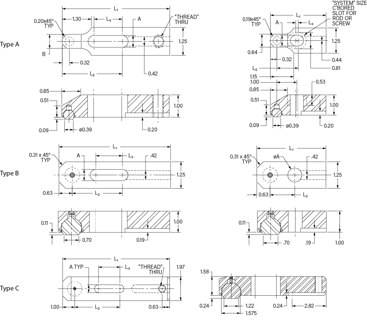 Plano de la barra de sujeci&oacute;n simple con elemento esf&eacute;rico